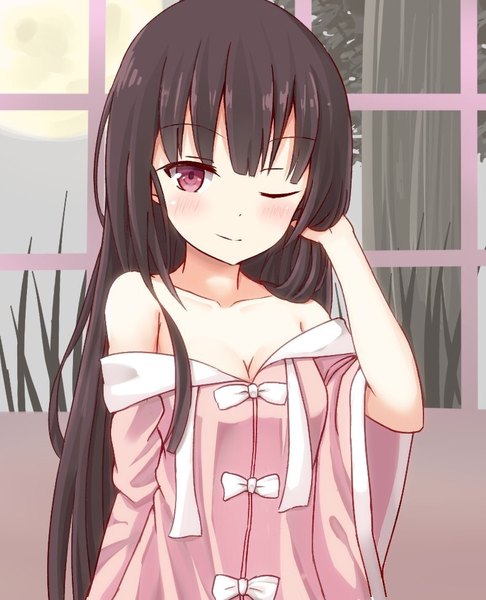 Anime picture 792x977 with touhou houraisan kaguya gudou (gdo 514) single long hair tall image looking at viewer blush fringe breasts light erotic black hair smile red eyes bare shoulders indoors one eye closed off shoulder wide sleeves adjusting hair