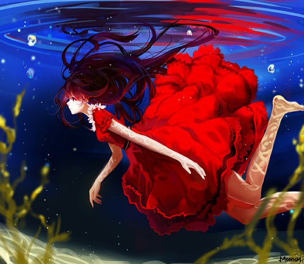 Anime picture 860x747 with original mconch single fringe red eyes signed bent knee (knees) red hair profile barefoot bare legs short sleeves no shoes floating hair reflection underwater swimming girl dress frills