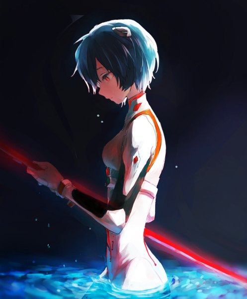 Anime picture 1300x1569 with neon genesis evangelion gainax ayanami rei yokoyama himena single tall image short hair simple background red eyes holding blue hair profile partially submerged looking down dark background glow empty eyes suicide girl weapon
