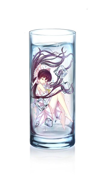 Anime picture 700x1200 with touhou hakurei reimu bai kongque (shirokujaku) tall image simple background white background bare shoulders purple hair eyes closed barefoot legs underwater dress bow hair bow detached sleeves water glass ice