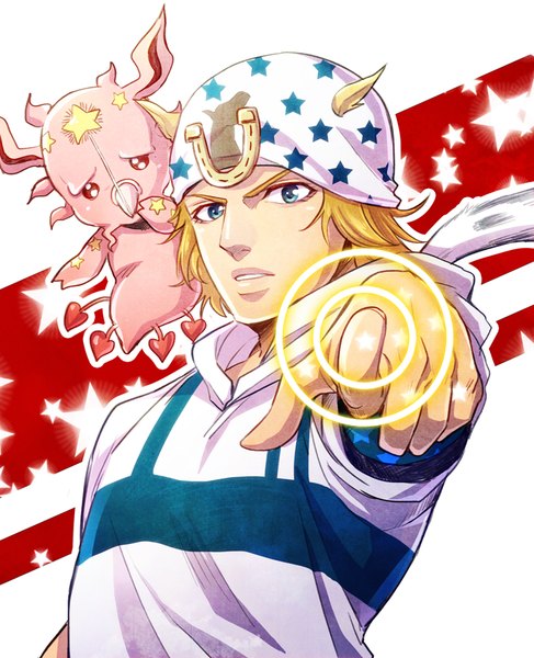 Anime picture 680x837 with jojo no kimyou na bouken steel ball run johnny joestar tusk (stand) holiday-jin tall image looking at viewer short hair blue eyes blonde hair outstretched arm pointing star print stand (jojo) boy star (symbol) hood cap horseshoe