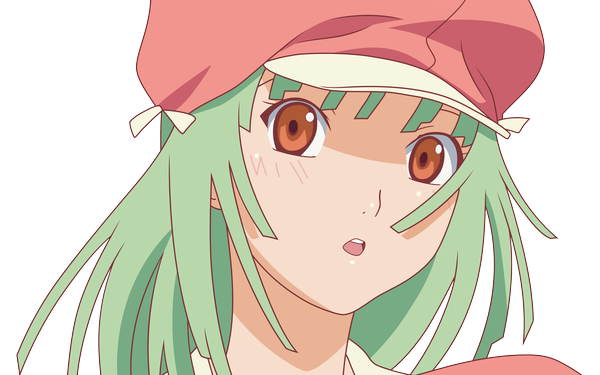 Anime picture 3840x2400 with bakemonogatari shaft (studio) monogatari (series) sengoku nadeko single long hair looking at viewer highres wide image brown eyes green hair :o close-up transparent background vector girl hat