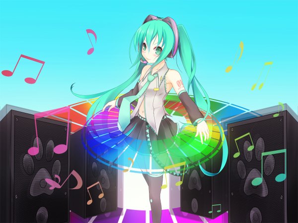 Anime picture 1280x960 with vocaloid hatsune miku single long hair twintails aqua eyes aqua hair girl thighhighs detached sleeves necktie musical note speakers