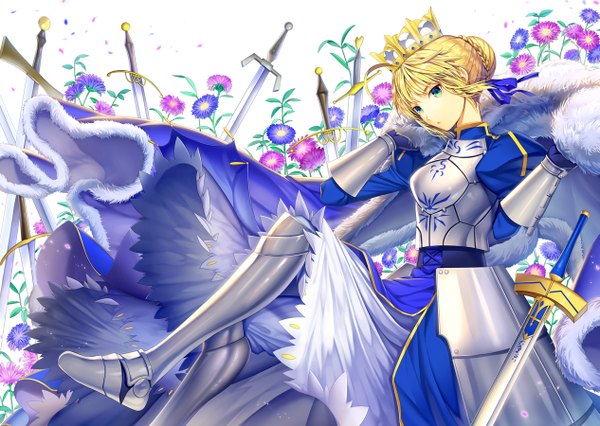 Anime picture 1265x900 with fate (series) fate/stay night type-moon artoria pendragon (all) saber ells (ellsat) single short hair blue eyes blonde hair sitting legs girl dress flower (flowers) weapon petals sword cape crown