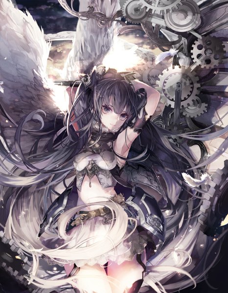 Anime picture 750x964 with original yukisame single long hair tall image looking at viewer fringe black hair black eyes armpit (armpits) arms behind head girl dress wings feather (feathers) gears