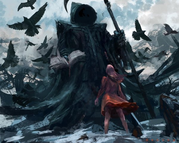Anime picture 1280x1024 with death (entity) grim reaper tagme (artist) from behind girl dress animal bird (birds) book (books) hood red dress crow