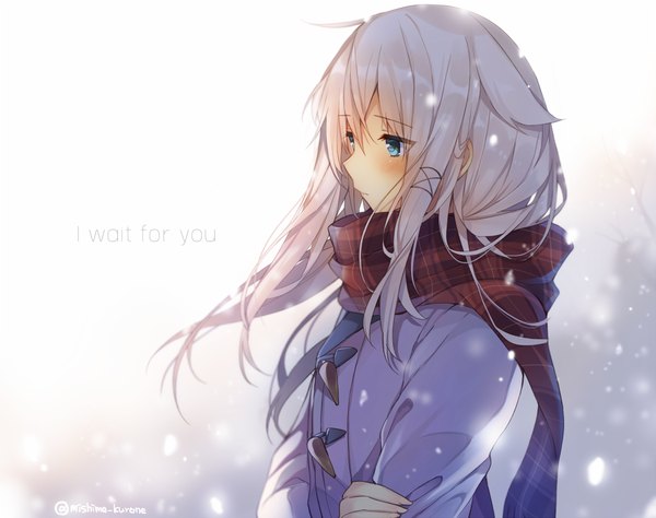 Anime picture 900x712 with original anceril sacred mishima kurone single long hair fringe blue eyes signed looking away silver hair upper body ahoge profile text snowing english sad girl scarf coat