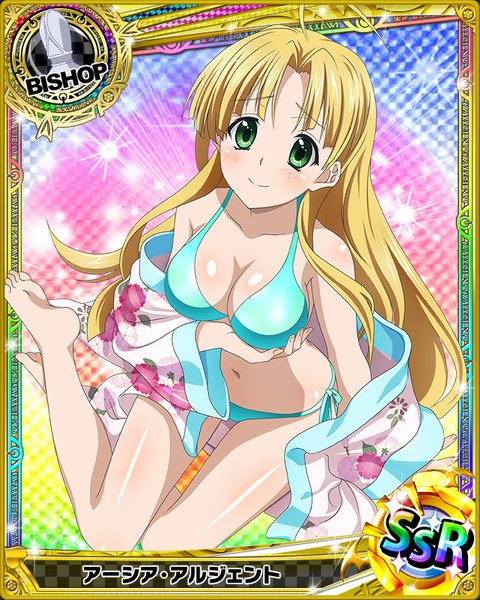 Anime picture 640x800 with highschool dxd asia argento single long hair tall image looking at viewer blush light erotic blonde hair smile green eyes cleavage traditional clothes japanese clothes card (medium) girl navel swimsuit bikini kimono