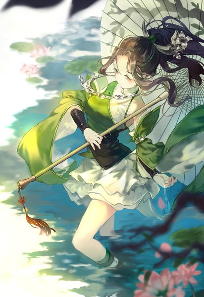 Anime picture 1374x2000 with original bou shaku single long hair tall image blush breasts brown hair bare shoulders holding brown eyes payot looking away bent knee (knees) outdoors ponytail braid (braids) wind partially submerged girl
