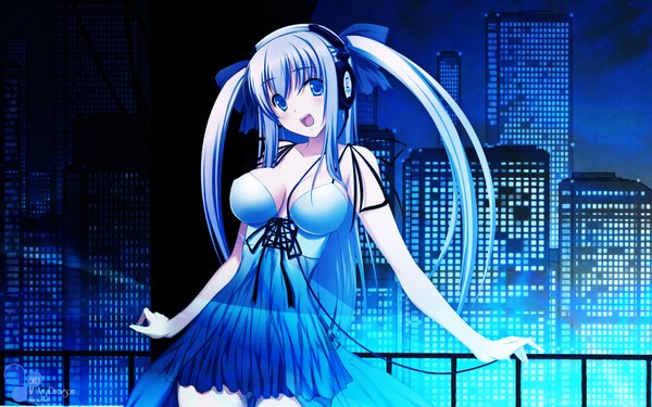 Anime picture 1920x1200 with 47agdragon single long hair highres breasts open mouth blue eyes light erotic wide image twintails blue hair cleavage city girl headphones building (buildings) wire (wires)