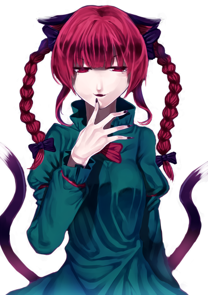 Anime picture 2000x2828 with touhou kaenbyou rin uu uu zan single long hair tall image highres open mouth red eyes animal ears red hair braid (braids) cat ears cat girl cat tail twin braids transparent background girl dress bow