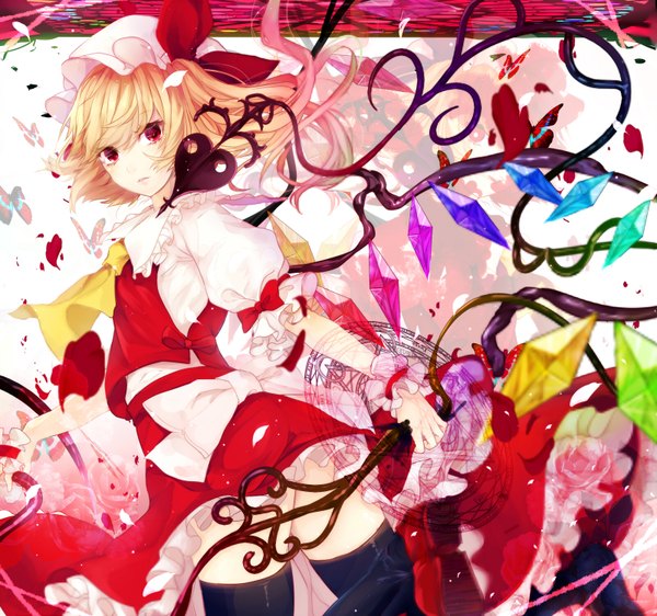 Anime picture 1600x1500 with touhou flandre scarlet renkarua single looking at viewer short hair blonde hair red eyes girl thighhighs dress weapon black thighhighs wings bonnet crystal bow (weapon) laevatein (touhou)