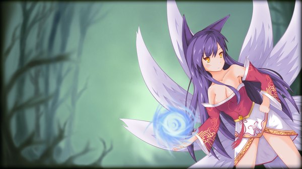 Anime picture 1600x900 with league of legends ahri (league of legends) single long hair wide image animal ears yellow eyes looking away purple hair animal tail magic facial mark multiple tails whisker markings girl detached sleeves energy ball