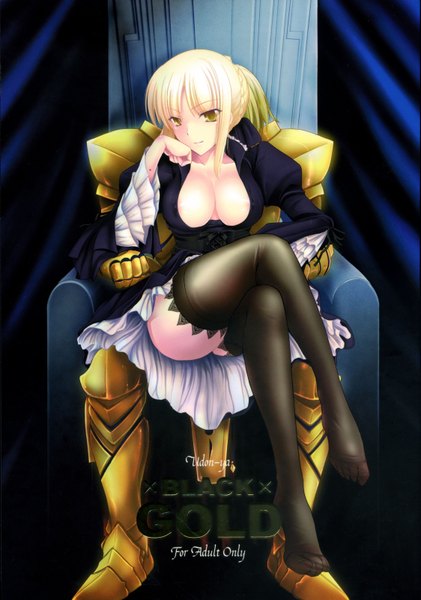 Anime picture 1124x1600 with fate (series) fate/stay night studio deen type-moon artoria pendragon (all) saber saber alter gilgamesh (fate) kizuki aruchu tall image looking at viewer breasts light erotic blonde hair smile sitting yellow eyes cleavage no shoes crossed legs
