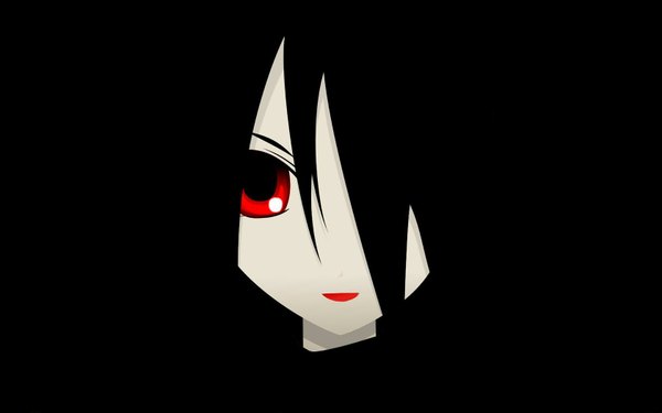 Anime picture 1680x1050 with sayonara zetsubou sensei shaft (studio) komori kiri single long hair looking at viewer fringe open mouth black hair simple background red eyes wide image hair over one eye black background close-up blending girl