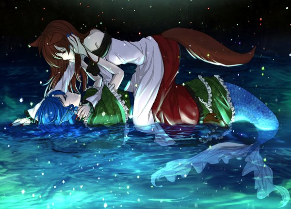 Anime picture 1544x1110 with touhou imaizumi kagerou wakasagihime long hair fringe blue eyes smile brown hair bare shoulders multiple girls animal ears blue hair tail lying nail polish animal tail night wet on back pale skin