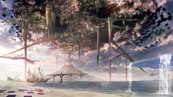 Anime picture 1200x675 with original you shimizu wide image sky cloud (clouds) horizon no people sand waterfall destruction 3d science fiction 2017 panorama lava volcano wings water sea watercraft