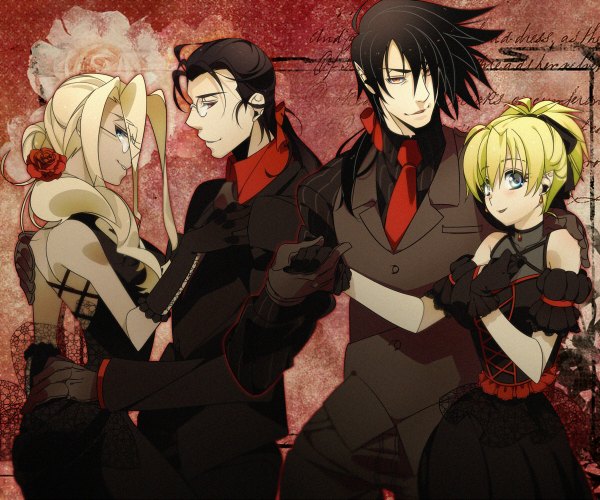 Anime picture 1200x1000 with hellsing alucard (hellsing) seras victoria integra wingates hellsing walter c. dornez wi (artist) long hair short hair blue eyes black hair blonde hair red eyes bare shoulders ponytail profile hair flower light smile pointy ears inscription couple