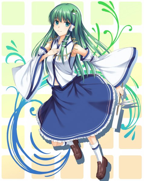 Anime picture 1134x1430 with touhou kochiya sanae take5321 single long hair tall image looking at viewer blue eyes green hair girl dress hair ornament detached sleeves socks white socks hair tubes