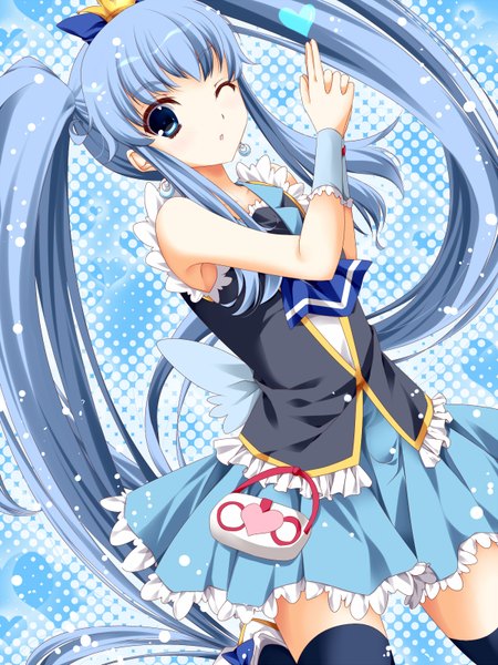 Anime picture 1200x1600 with precure happinesscharge precure! toei animation shirayuki hime cure princess shisui (kachoufuugetsu) single long hair tall image blue eyes twintails blue hair one eye closed wink girl thighhighs dress black thighhighs heart