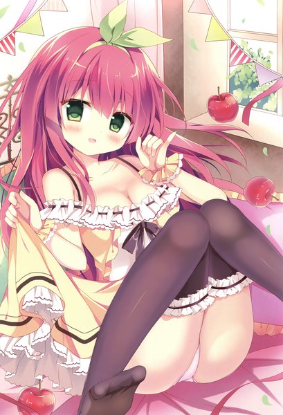 Anime picture 2384x3500 with melonbooks azumi kazuki single long hair tall image looking at viewer blush highres breasts open mouth light erotic sitting green eyes pink hair cleavage :d scan pinky out girl thighhighs