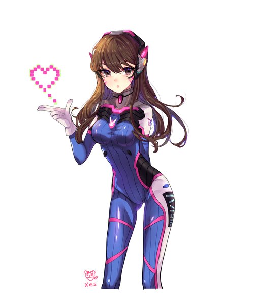 Anime picture 2500x3000 with overwatch blizzard entertainment d.va (overwatch) xes (xes 5377) single long hair tall image fringe highres breasts simple background hair between eyes brown hair white background brown eyes signed looking away facial mark arm behind back whisker markings