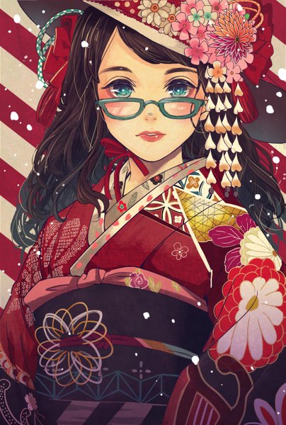 Anime picture 1973x2924 with original bashikou single long hair tall image looking at viewer fringe highres brown hair green eyes traditional clothes parted lips japanese clothes lipstick floral print striped eyeshadow red lipstick makeup striped background