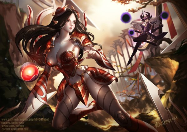 Anime picture 2034x1438 with league of legends irelia (league of legends) syndra gu-ko citemer highres breasts light erotic black hair purple eyes multiple girls brown eyes silver hair blurry hair bun (hair buns) depth of field thighs battle girl gloves weapon