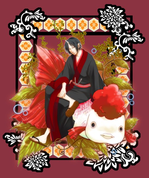 Anime picture 1416x1689 with hoozuki no reitetsu wit studio hoozuki (hoozuki no reitetsu) kingyosou single tall image short hair black hair sitting brown eyes yellow eyes traditional clothes japanese clothes horn (horns) pointy ears framed boy plant (plants) kimono leaf (leaves)