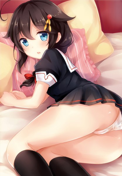 Anime picture 695x1000 with kantai collection shigure destroyer nikoo single long hair tall image looking at viewer blush open mouth blue eyes light erotic black hair girl skirt underwear panties miniskirt pillow white panties black panties