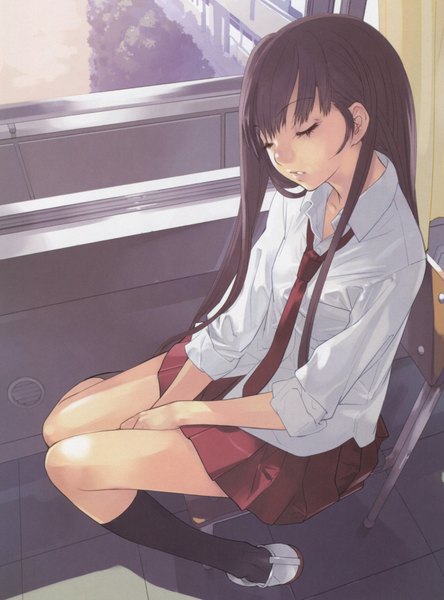 Anime picture 1748x2362 with okazaki takeshi single long hair tall image highres open mouth sitting eyes closed pleated skirt scan girl skirt uniform school uniform miniskirt necktie window chair