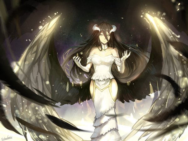 Anime picture 1600x1200 with overlord (maruyama) madhouse albedo (overlord) sishenfan single long hair looking at viewer black hair smile standing bare shoulders yellow eyes ahoge horn (horns) magic demon girl black wings demon wings low wings girl