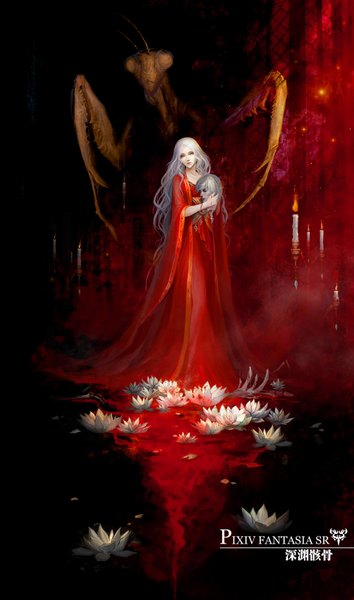 Anime picture 1093x1850 with original pixiv fantasia pixiv pixiv fantasia sword regalia d-zhai long hair tall image holding looking away silver hair orange eyes dress flower (flowers) water red dress fire candle (candles) water lily