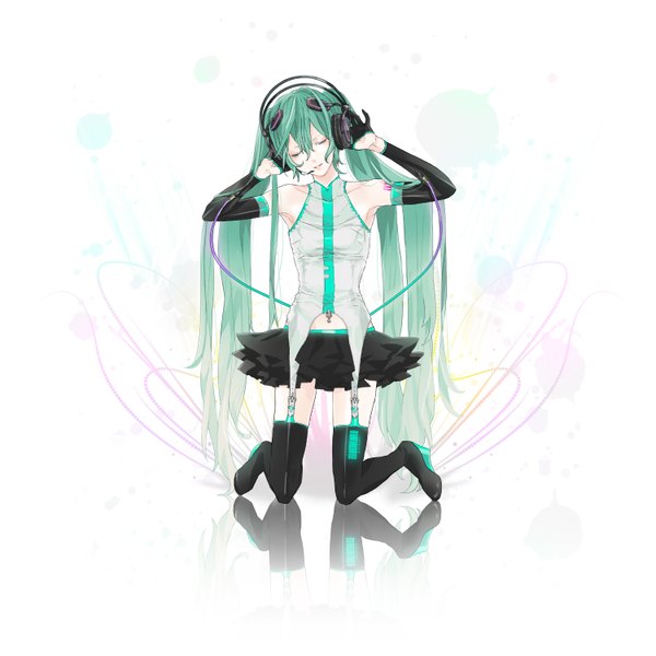 Anime picture 1500x1500 with vocaloid hatsune miku kmgk single simple background white background twintails eyes closed very long hair aqua hair zettai ryouiki kneeling reflection girl thighhighs gloves black thighhighs detached sleeves miniskirt shirt