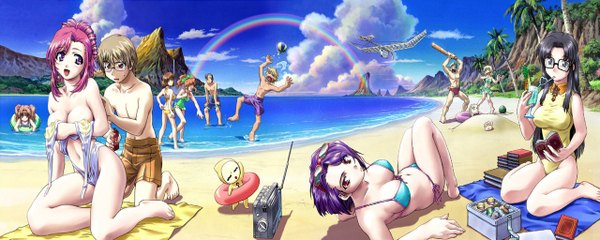 Anime picture 2560x1024 with read or die onegai teacher j.c. staff kazami mizuho yomiko readman marie (onegai teacher) kusanagi kei highres light erotic wide image beach swimsuit bikini rainbow