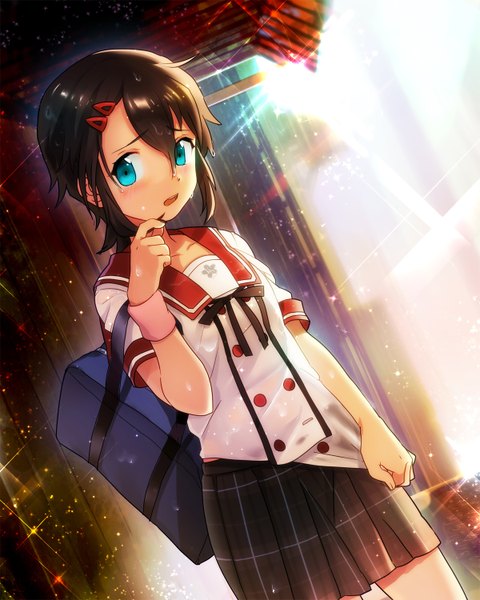 Anime picture 1200x1500 with original ensemble girls (artist) single tall image blush short hair open mouth blue eyes black hair girl skirt uniform hair ornament school uniform miniskirt hairclip wristlet