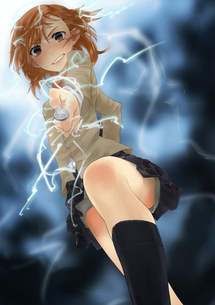 Anime picture 800x1132 with to aru kagaku no railgun to aru majutsu no index j.c. staff misaka mikoto robo8 single tall image looking at viewer blush short hair brown hair brown eyes cloud (clouds) grin lightning electricity biribiri girl skirt uniform