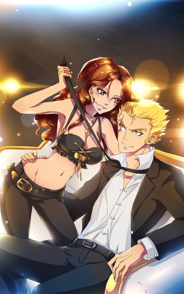 Anime picture 900x1440 with fairy tail laxus dreyar cana alberona kristallin-f (artist) long hair tall image blush short hair light erotic blonde hair smile brown hair yellow eyes bare belly midriff hug light scar girl boy