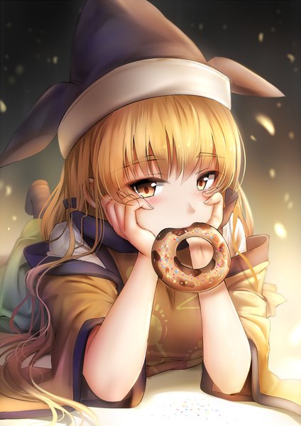 Anime picture 723x1023 with touhou matara okina ginhaha single long hair tall image looking at viewer blush fringe blonde hair holding brown eyes lying traditional clothes japanese clothes blurry wide sleeves depth of field mouth hold on stomach