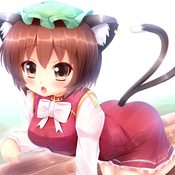 Anime picture 1488x1488 with touhou original chen kane-neko looking at viewer blush short hair open mouth brown hair brown eyes animal ears tail animal tail cat ears cat girl cat tail girl dress bonnet