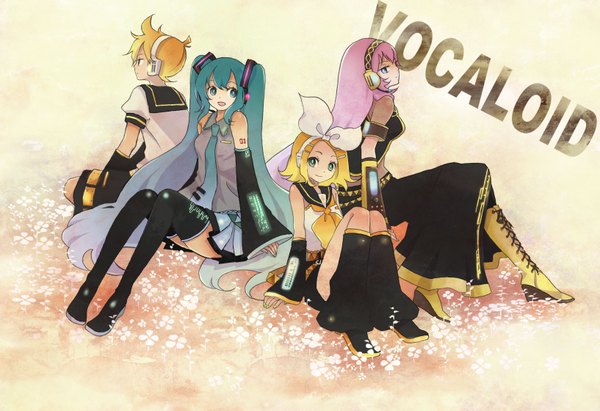 Anime picture 1633x1120 with vocaloid hatsune miku megurine luka kagamine rin kagamine len sugano manami long hair short hair blonde hair smile sitting twintails bare shoulders pink hair profile green hair from behind tattoo girl thighhighs