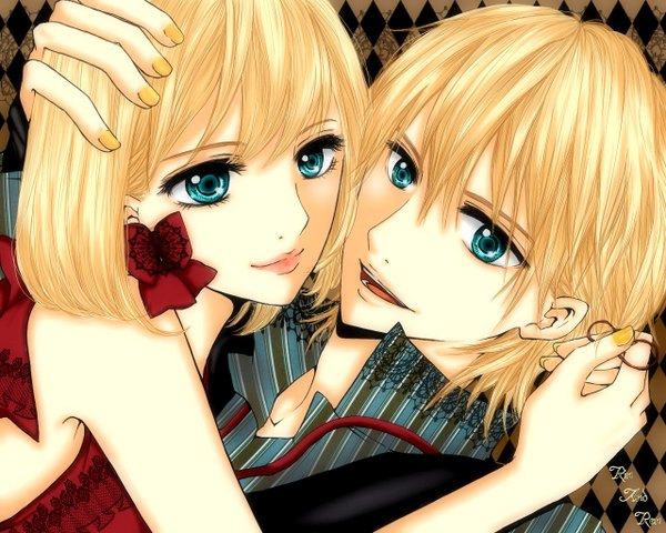 Anime picture 1280x1024 with vocaloid kagamine rin kagamine len short hair open mouth blonde hair smile bare shoulders lying nail polish aqua eyes light smile inscription sleeveless couple hug striped reclining face to face twins