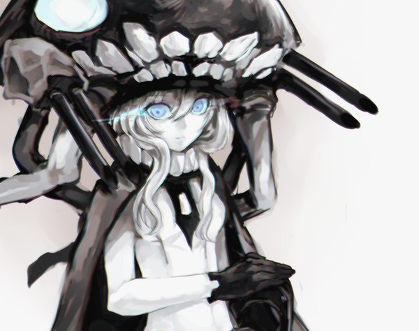 Anime picture 998x790 with kantai collection wo-class aircraft carrier shinonome single long hair blue eyes simple background hair between eyes white hair grey background glowing looking down glowing eye (eyes) shinkaisei-kan girl gloves weapon black gloves gun cape