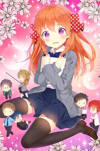 Anime picture 720x1080 with gekkan shoujo nozaki-kun doga kobo sakura chiyo nozaki umetarou mikoshiba mikoto kashima yuu seo yuzuki hori masayuki wakamatsu hirotaka hitsukuya long hair tall image blush short hair black hair brown hair sitting purple eyes red hair orange hair