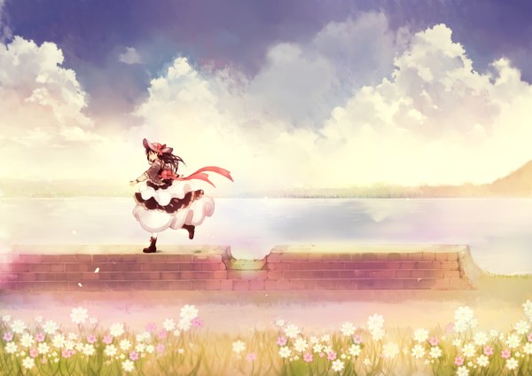 Anime picture 1518x1075 with original lpip single long hair fringe black hair sky cloud (clouds) full body river running girl dress flower (flowers) bow ribbon (ribbons) plant (plants) hat petals water