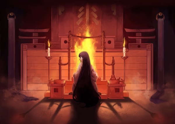 Anime picture 1000x707 with bishoujo senshi sailor moon toei animation hino rei rinacane single fringe black hair sitting very long hair traditional clothes japanese clothes profile looking back shadow miko praying girl fire candle (candles) flame