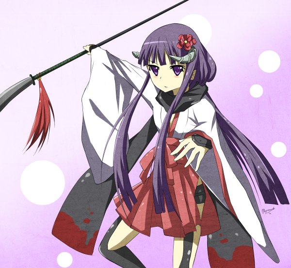 Anime picture 1200x1104 with inu x boku ss david production shirakiin ririchiyo ollycrescent single long hair blush purple eyes purple hair long sleeves traditional clothes hair flower horn (horns) girl thighhighs hair ornament flower (flowers) weapon black thighhighs scarf