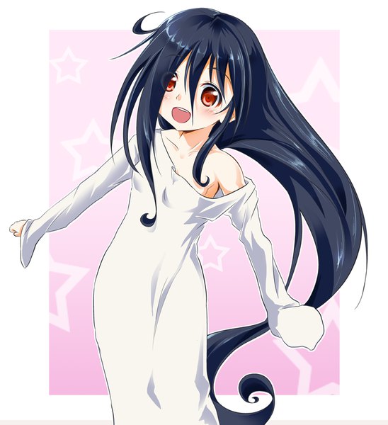 Anime picture 731x800 with the ring yamamura sadako azumawari (azumofu) single tall image looking at viewer blush fringe open mouth black hair smile hair between eyes red eyes standing bare shoulders looking away long sleeves very long hair :d hair over one eye