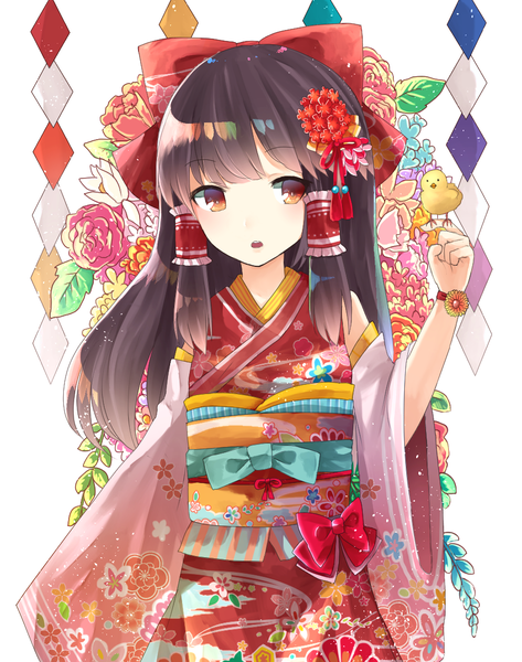 Anime picture 908x1151 with touhou hakurei reimu sakipsakip single long hair tall image fringe open mouth black hair simple background red eyes white background looking away traditional clothes japanese clothes :o alternate costume bird on hand girl hair ornament