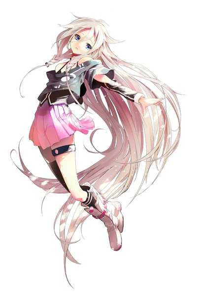 Anime picture 1500x2181 with vocaloid ia (vocaloid) akasaka aka single tall image fringe blue eyes simple background hair between eyes white background full body white hair braid (braids) very long hair official art legs twin braids girl thighhighs skirt